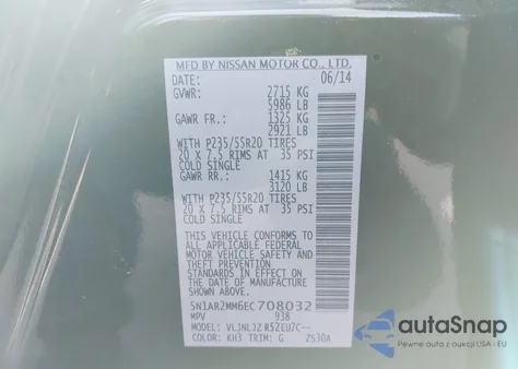 2014 Nissan Pathfinder Platinum from USA, damaged, VIN 5N1AR2MM6EC708032